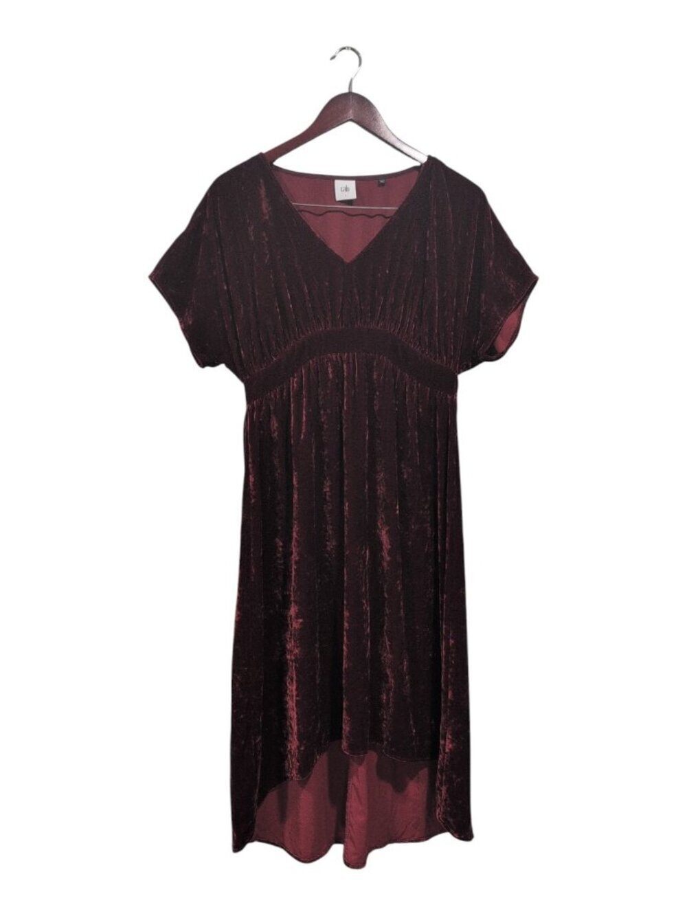 CAbi Women's Wine Red Crushed Velvet Tribute V-Neck Flare Midi Dress 3696 Sz S